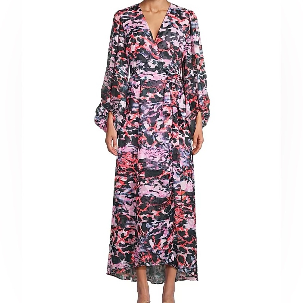 Hutch Anthropologie Lindie Wrap Maxi Dress Large Abstract Print Long Sleeve Tie